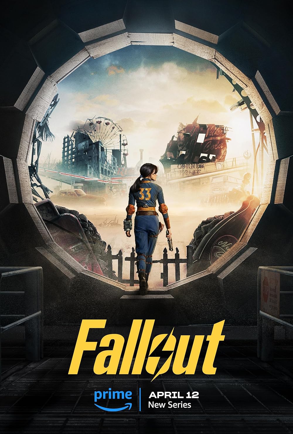 Promotional poster for a new series titled 'Fallout' coming to Prime on April 12. The central figure is a person wearing a blue jumpsuit with the number 33 on the back, adorned with orange shoulder pads. They are looking out towards a desolate, post-apocalyptic landscape through a large, broken circular vault door. Ruins of a ferris wheel and dilapidated buildings under a cloudy sky can be seen in the distance, alongside the faded neon signs. The bold, yellow 'Fallout' title is at the bottom with the Prime logo and release date.